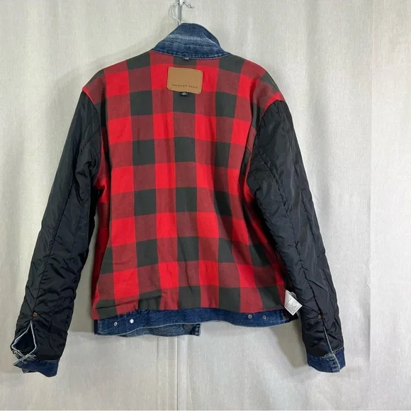 AE American Eagle flannel lined denim jean jacket men’s buffalo check Size Large - Picture 9 of 12